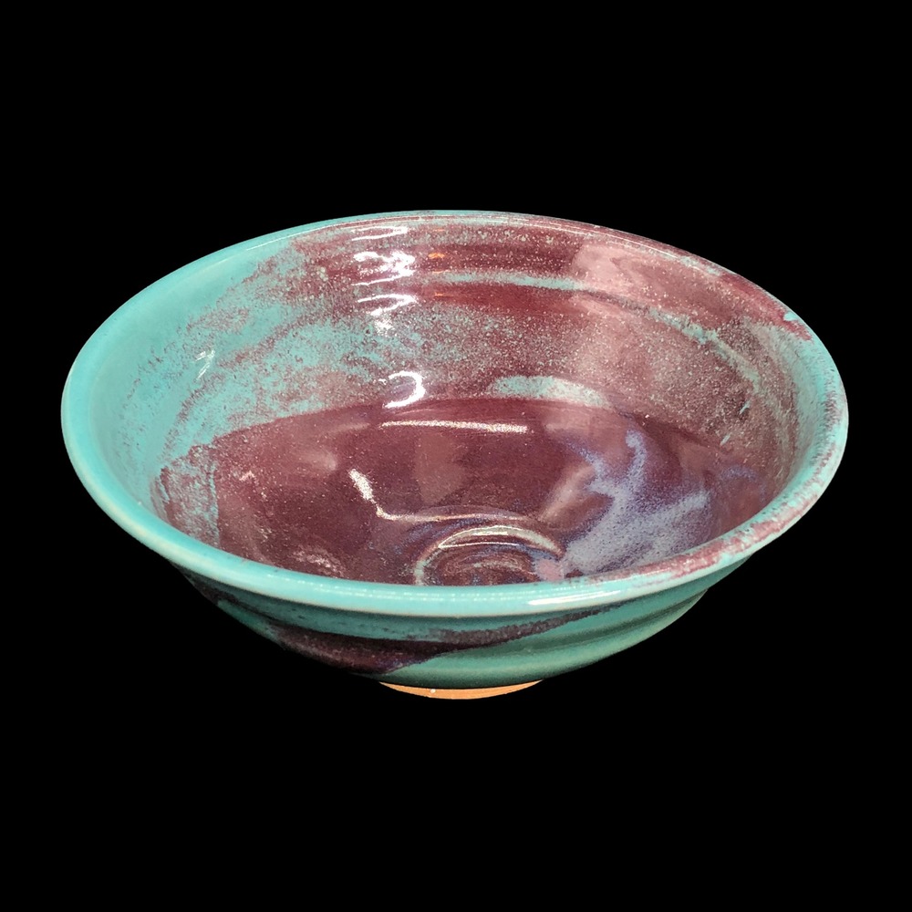 Studio Art Pottery Bowl Teal Purple Splatter Glaze Signed